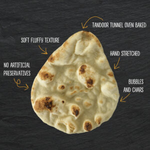 A birds-eye view of a Stonefire Original Naan flatbread laying on black slate. Arrows point towards the product directing the following descriptive texts towards the product: "Tandoor tunnel oven baked", "soft fluffy texture", "hand stretched", "no artificial preservatives", and "bubbles and chars".