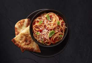 stonefire naan with spaghetti and basil