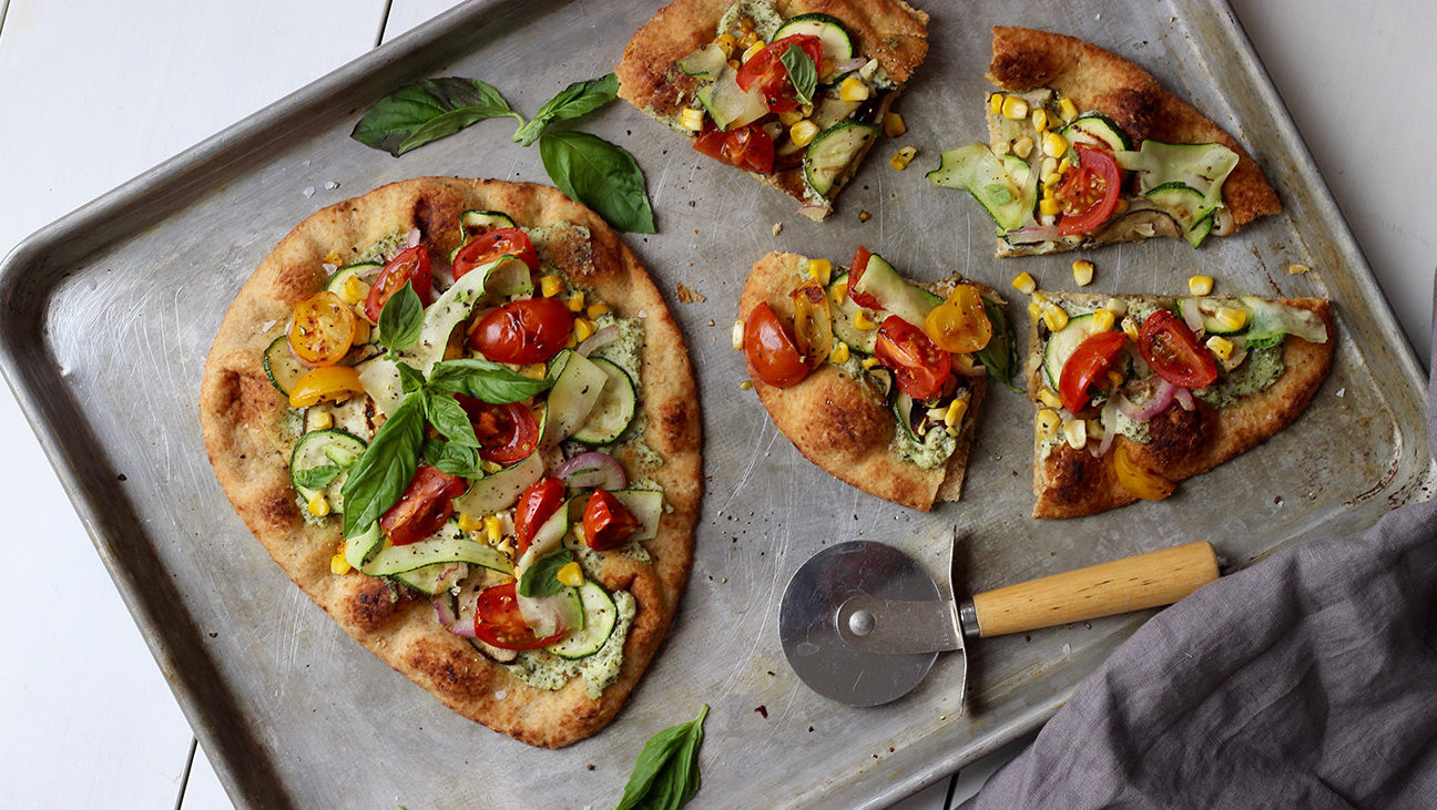 Ricotta Pesto Summer Vegetable Naan Pizza